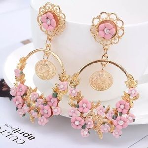Gold Pink Baroque Floral Earrings